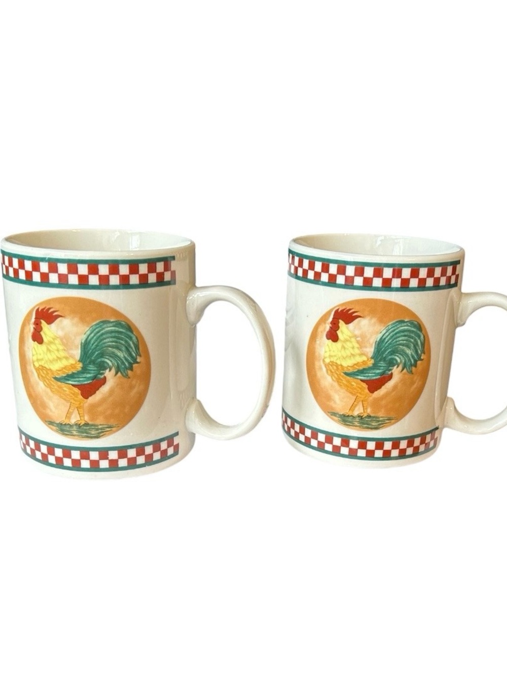 "Rooster" Red Checker Pattern Farmhouse Hand-Painted Mugs Set Of 2